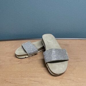 Rhinestone sandals  by Anne Klein size 7.  Beige footbed.